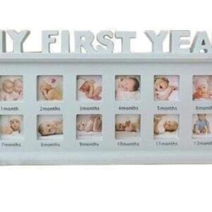 סגרת תמונות דקורטיבית לתינוק 'השנה הראשונה שלי' (My First Year) . המסגרת כוללת 12 מקומות לתמונות עבור כל חודש בשנה הראשונה של התינוק ומרכז לתמונה גדולה יותר. מתנה מושלמת ומרגשת להורים טריים, בעיצוב נקי ויוקרתי