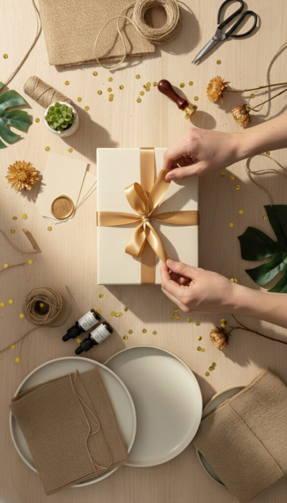 צילום תקריב ממבט על של תהליך אריזת מתנה ב-Gifts Is Us. בתמונה נראות זוג ידיים קושרות סרט זהב יוקרתי על קופסת מתנה בגוון שמנת. מסביב למארז מונחים כלי עבודה ואלמנטים עיצוביים: מספריים, גלילי חבל קש, בדי יוטה, בקבוקוני שמן אתרי, חותם שעווה, פרחים יבשים וקונפטי זהוב על שולחן עץ בהיר. התמונה משדרת עבודת יד קפדנית, יוקרה ותשומת לב לפרטים הקטנים.