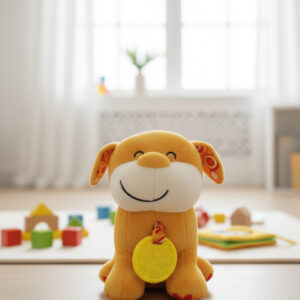 בובת כלב אינטראקטיבית לתינוקות המשלבת פרווה רכה עם חלקי פלסטיק במרקמים שונים לשיפור המוטוריקה העדינה וצלילים בלחיצת כפתור