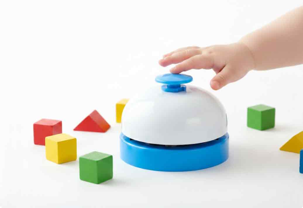 יד של תינוק לוחצת על פעמון שולחן אינטראקטיבי בצבעי כחול ולבן, המונח על משטח לבן נקי ומוקף בקוביות עץ צבעוניות בצורות גיאומטריות. הפעמון משמש כמשחק התפתחות לילדים לשיפור מוטוריקה עדינה וקשר עין-יד, זמין לרכישה באתר המתנות GiftsIsUs.