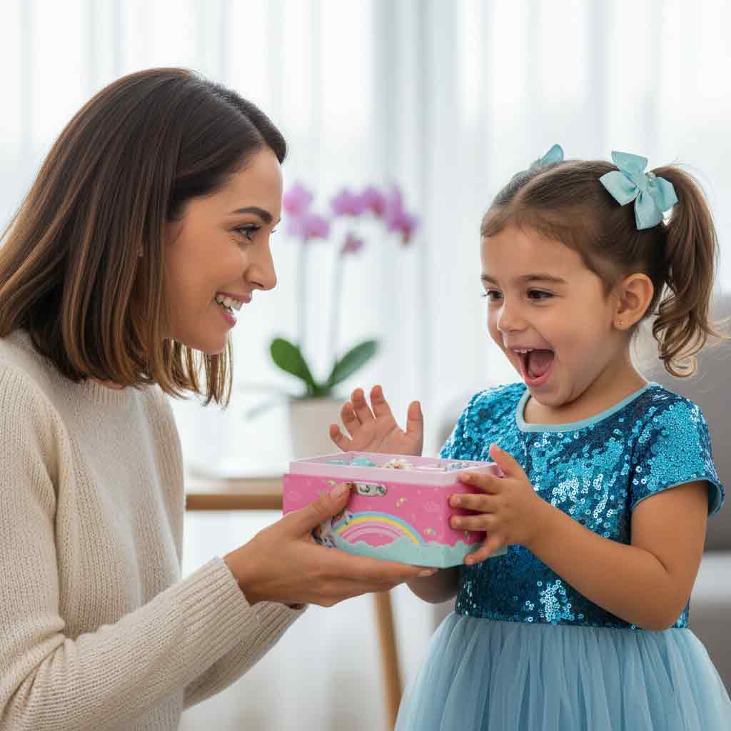 אמא מחייכת עם שיער חום קצר מעניקה במתנה תיבת תכשיטים מוזיקלית ורודה לבתה הקטנה. הילדה, בעלת שיער חום אסוף בשתי קוקיות עם סרטים תואמים, לובשת שמלה כחולה מנצנצת ומביעה התלהבות ושמחה גלויה למראה התיבה הפתוחה. התיבה מעוטרת באיורי חד קרן וקשת בענן, והסצנה מתרחשת בבית באווירה חמה ומשפחתית.