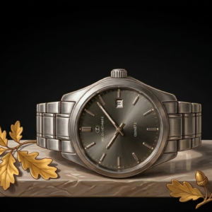 שעון יד אנלוגי Reloj Hombre עסקי בגוון אפור מטאלי, עם תצוגת תאריך ומנגנון קוורץ דייקן.